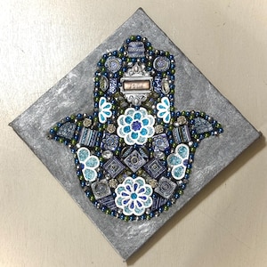 Art exquis de toile peinte de mosaïque de Hamsa |  Art juif | Symbole de protection et de fortune