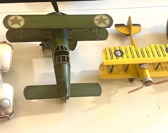 Vintage Style Metal Toy Vehicle Decor Set – Lot of 4 Nostalgic Vehicles, Truck Racing Car 2 Biplanes | Aviation Shelf Decor Farmhouse Decor