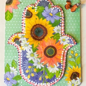 Handcrafted Colorful Hamsa with Sunflower & Butterfly Motif | Spiritual Hamsa Wall Hanging