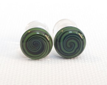 2 Gauge Green & Black Spiral Glass Plugs: Double Flared