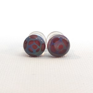 0 Gauge Glass Plugs Double Flared Unique Purple Blue Dot Design Flameworked Borosilicate Pair Made in MN (894)
