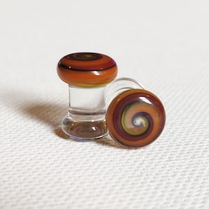 2 gauge double flare pair glass plugs orange black yellow spiral flameworked borosilicate (993)