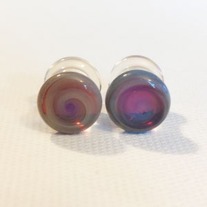 0 Gauge Glass Plugs Double Flared Unique Gray Purple Blue Swirl Design Flameworked Borosilicate Pair Made in MN (986)