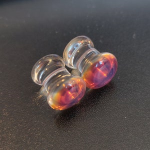 0 Gauge Glass Plugs Double Flared Unique Gray Purple Blue Design Flameworked Borosilicate Pair Made in MN (969)