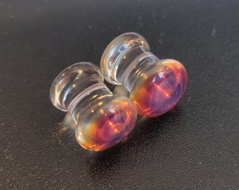 0 Gauge Glass Plugs Double Flared Unique Gray Purple Blue Design Flameworked Borosilicate Pair Made in MN (969)
