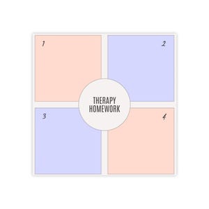 Può includere: Un foglio di lavoro stampabile con quattro caselle numerate da 1 a 4. Le caselle sono di colori alternati, pesca e azzurro. Al centro del foglio di lavoro c'è un cerchio con il testo "THERAPY HOMEWORK".