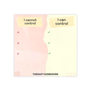 Può includere: Un foglio di lavoro stampabile rosa e giallo con il testo "Non posso controllare" e "Posso controllare" su due sezioni separate. Il foglio di lavoro ha tre righe con segni di spunta e X su ciascun lato. La parte inferiore del foglio di lavoro dice "Compiti di terapia".