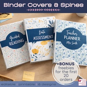 May include: Three binder covers with floral designs and text. One binder says "Guided READING", another says "Data ASSESSMENT", and the third says "Teacher PLANNER Mrs Smith". The binders have a navy blue band across the middle. The image also includes text that says "+BONUS freebies for the first 20 orders".