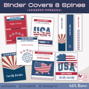 Può includere: Raccolta di copertine e dorsi di raccoglitori modificabili e stampabili con tema patriottico USA. I design includono elementi rossi, bianchi e blu, stelle e la bandiera americana. Il testo include "Life Documents" e "Family Binder".