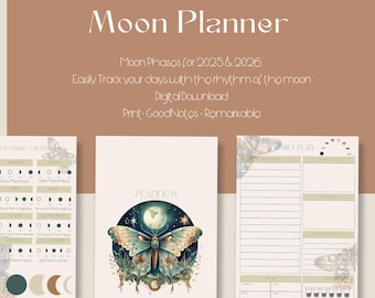 May include: An undated moon planner featuring a moth and moon illustration. The planner includes sections for moon phases, daily plans, and monthly goals. The text on the planner reads "Mothlit - An Undated Moon Planner" and "Moon Phases for 2025 & 2026."