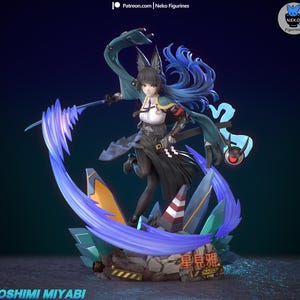 May include: A detailed figurine of a female anime character with fox-like ears, dressed in a black and white outfit with a long, flowing cape. The figure is posed dynamically, holding a weapon with a blue energy effect. The base features geometric shapes and the text "HOSHIMI MIYABI".