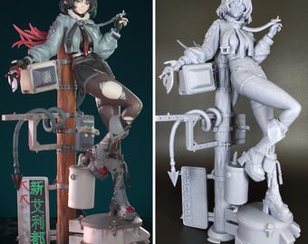 May include: A painted figurine of a female character with short black hair, wearing a grey jacket, black pants, and black boots. She is standing on a platform with a wooden pole and various metal attachments. The platform has a sign with Japanese characters that reads "新文利精".