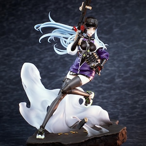 May include: Figurine of an anime-style character in a black and purple outfit, holding a rifle. The figure has long, light blue hair and is posed dynamically on a rocky base with a translucent white element.