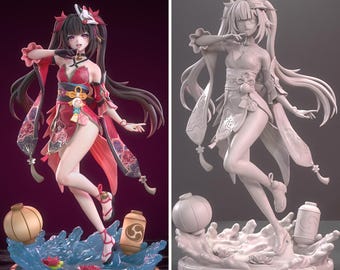 May include: A 3D printed figurine of a female anime character with long black hair, wearing a red and white kimono with a fox mask. The figurine is standing on a base with water and lotus flowers.