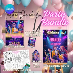 Puede incluir: Un paquete de fiesta con un tema rosa y morado, que incluye una invitación, un letrero de bienvenida, papel para colorear, una etiqueta de agradecimiento y un pase VIP con cordón. La invitación dice "3er cumpleaños" y "Descarga instantánea".
