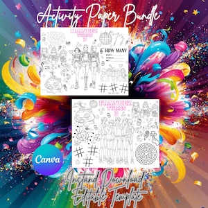 Puede incluir: Dos plantillas de papel de actividades en blanco y negro con el texto "Activity Paper Bundle" y "Francez Turns 3". Las plantillas presentan ilustraciones de personas, notas musicales y laberintos. El fondo es un diseño abstracto colorido.