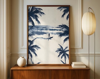 Woodcut Surfer Print | Indigo Palm Beach House Wall Art
