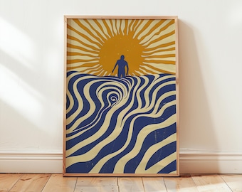 Retro Surf Print | Psychedelic Sun | Ocean Waves Wall Art Poster