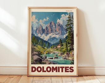 Dolomiten Reise Poster | Retro Mid-Century Italienische Alpen Wandkunst