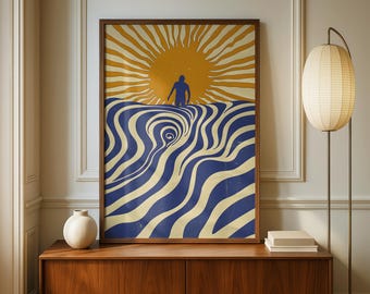 Retro Surf-Druck | Psychedelische Sonne | Meereswellen Kunst Poster