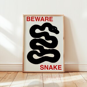 Beware Snake | Black Red Retro Snake Poster | Bold Funky Wall Art | Eclectic Home Decor