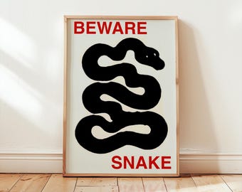 Beware Snake | Black Red Retro Snake Poster | Bold Funky Wall Art | Eclectic Home Decor