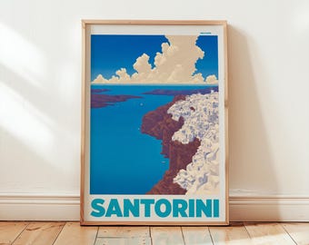 SANTORINI | Retro Travel Print | Mid Century Poster Art