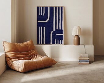 Dunkelblauer Abstrakter Druck | Mid Century Modern Geometrisches Plakat