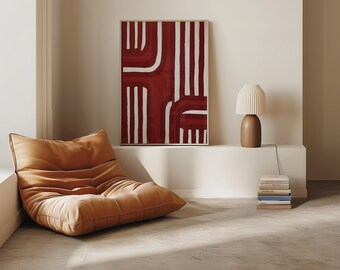 Dunkelroter Abstrakter Druck | Mid Century Modern Geometrisches Plakat