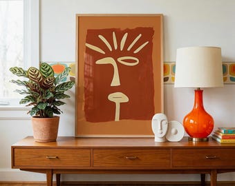 Terracotta Folk Art Print | Boho Sun Face Poster | Scandi Wall Art