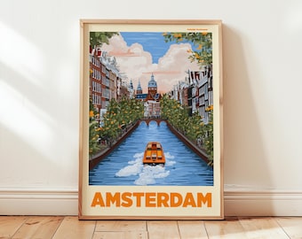 Amsterdam Canal Travel Poster | Vintage Dutch City Wall Art Print