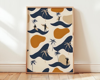 Palm Tree Beach Poster | Boho Surfer Pattern Print | Retro Surf Scene Wall Art