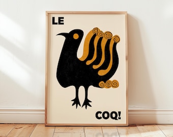 Le Coq French Rooster Print | Mid Century Modern Kitchen Art | Scandinavian Bird Poster