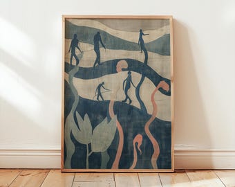 Abstract Mid-Century Surfer Poster | Boho Beach Folk Print | Coastal Indigo Wave Wall Art
