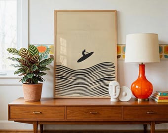 LONE Surfer Poster | Beach House Decor | Minimalist Blue Surfer Wall Art Print