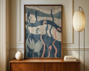 Abstraktes Mid-Century Surfer Poster | Boho Strand Folk Print | Küsten Indigo Wave Wandkunst