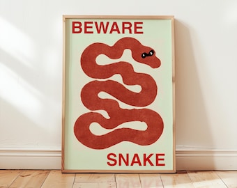 Beware Snake | Red Retro Snake Poster | Bold Funky Wall Art | Eclectic Home Decor