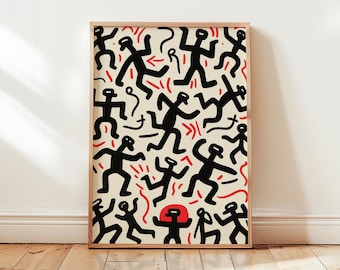 Dancing Figures Print | Keith Haring Inspired Street Art Poster | Bold Maximalist Decor