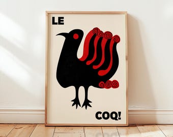 Le Coq French Rooster Print | Mid Century Modern Kitchen Art | Scandinavian Bird Poster