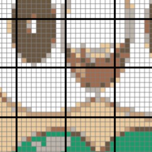 May include: A pixel art design featuring a brown and beige animal with a green background. The animal has a round head and a long, thin body. The design is made up of small squares of different colors.