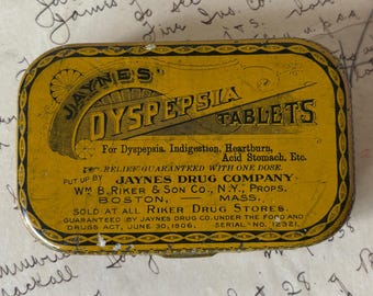Caja metálica vintage para las pastillas para la dispepsia de Jayne