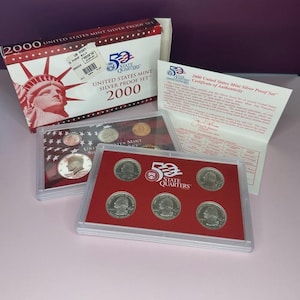 2000 United States Mint Silver Proof Set – Original Box & COA – 90 Silver State Quarters – Toned Kennedy Half Dollar