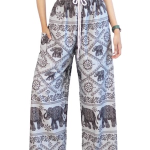 Elephant Print Lounge Pants: Soft Boho Yoga Trousers - Made in Thailand Gray