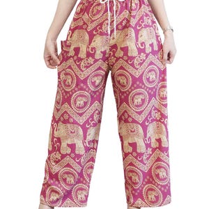 Elephant Print Lounge Pants: Soft Boho Yoga Trousers - Made in Thailand Pink