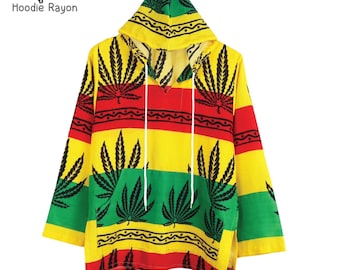 Boho Thai Rayon Hoodie – Festival Pullover Shirt | Elephant, Rasta, Rainbow Print | Unisex, Made in Thailand