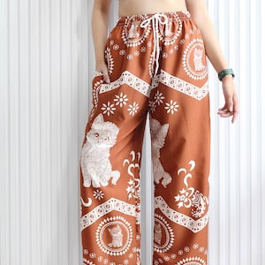Elephant Print Lounge Pants: Soft Boho Yoga Trousers - Made in Thailand Cat-Orange