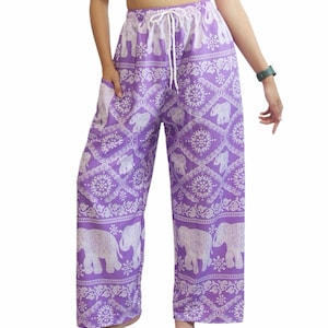 Elephant Print Lounge Pants: Soft Boho Yoga Trousers - Made in Thailand Purple-Hit