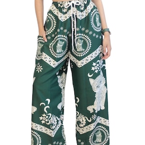 Elephant Print Lounge Pants: Soft Boho Yoga Trousers - Made in Thailand Cat-Green