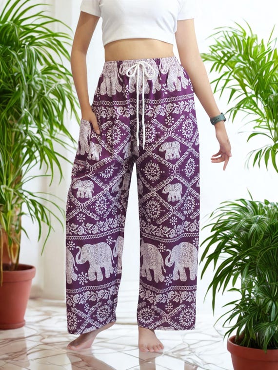 Elephant Print Lounge Pants: Soft Boho Yoga Trousers - Made in Thailand