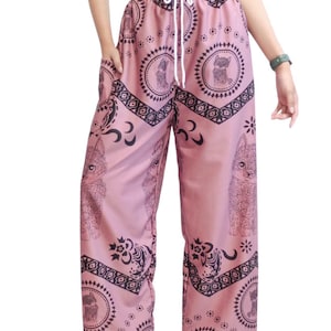 Elephant Print Lounge Pants: Soft Boho Yoga Trousers - Made in Thailand Cat-Pink
